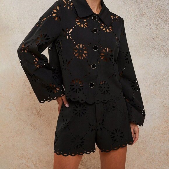 Black Women's Laser Cut Long Sleeve Single-Breasted Blouse And Loose Shorts set - Picture 3 of 6